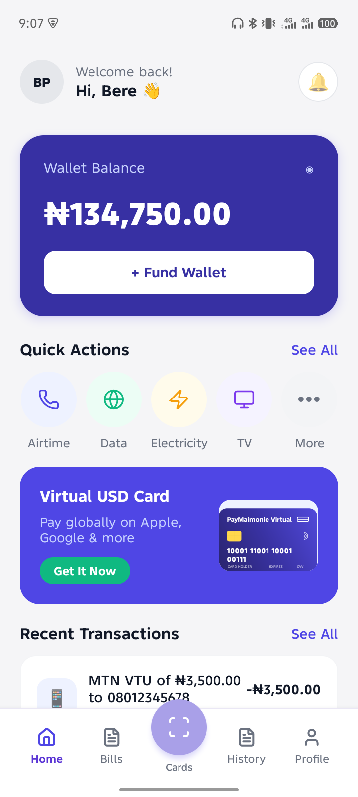 PayMaimonie mobile app home screen